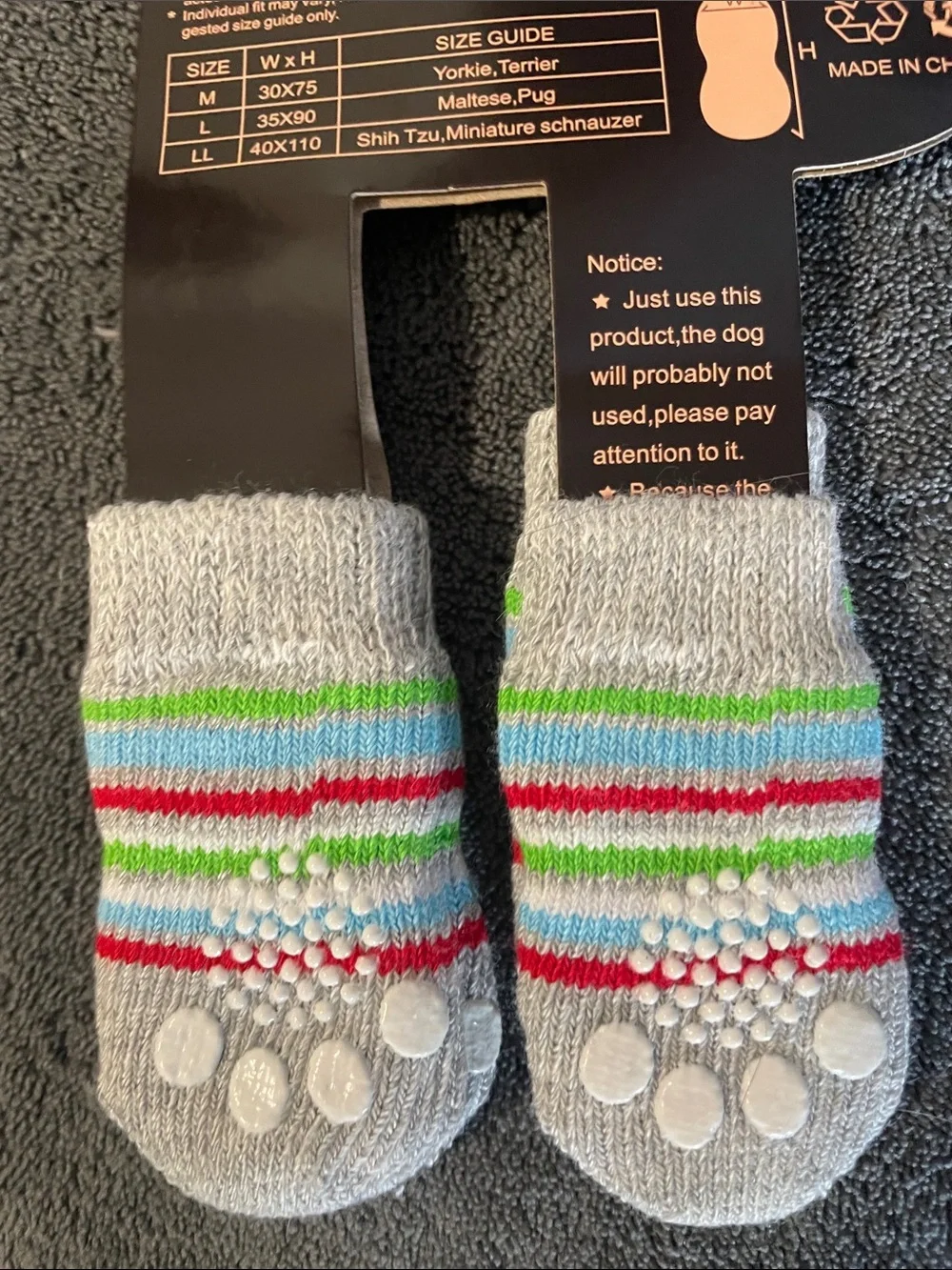 Dog Socks Nonskid Gray with Red, Green & Blue Stripes